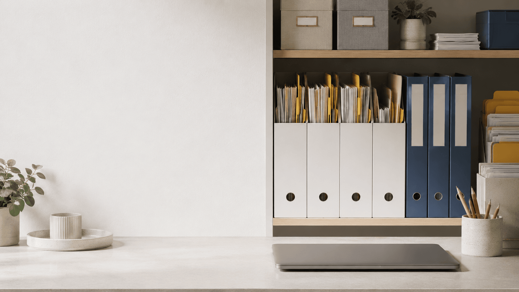 A household record archive with organised folders and a digital workspace