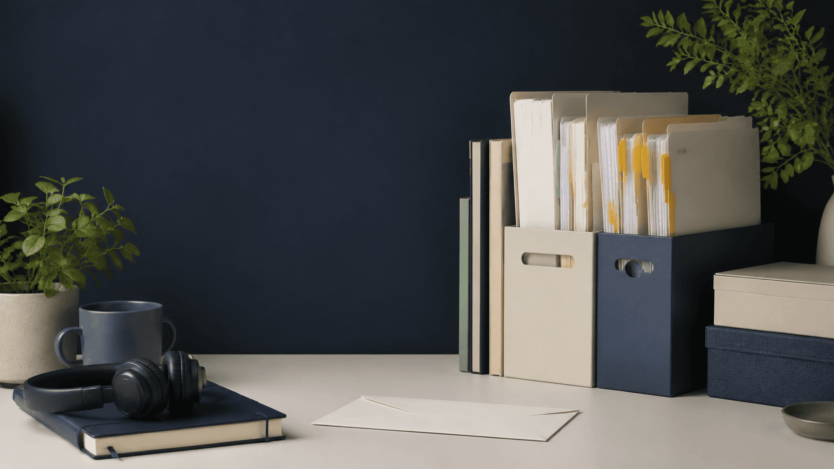 A calm support desk with organised household record folders