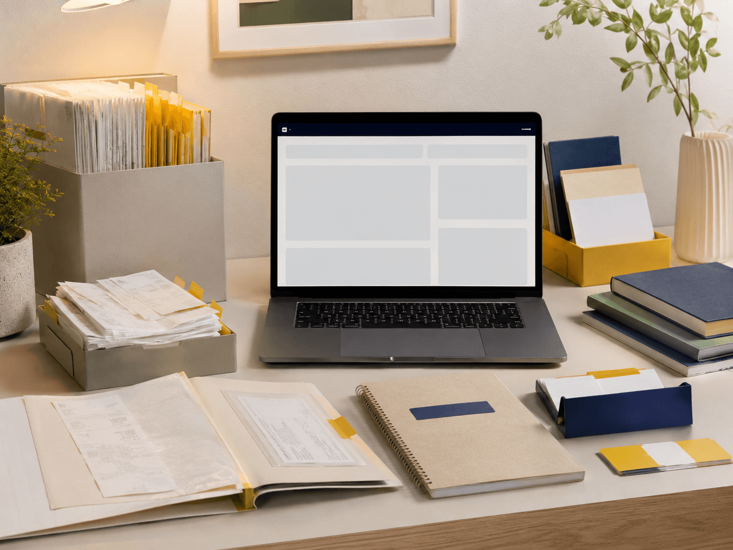 A calm digital household record archive shown on a desk